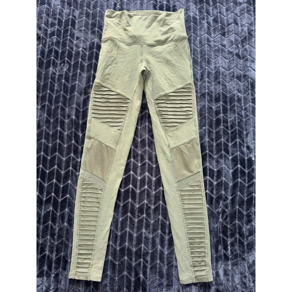 Alo Yoga Leggings Womens Green Moto High Rise Panel Activewear Workout Size S